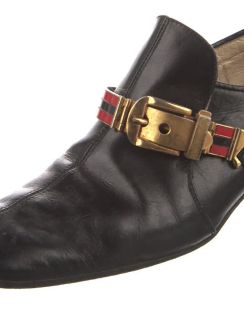 Vintage Gucci Black Leather Buckle Strap Loafers Red Enamel Horsebit Detail